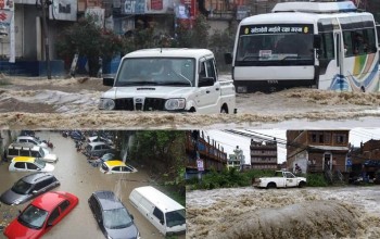 रातभर वर्षा भएसँगै उपत्यकाका सडक जलमग्न